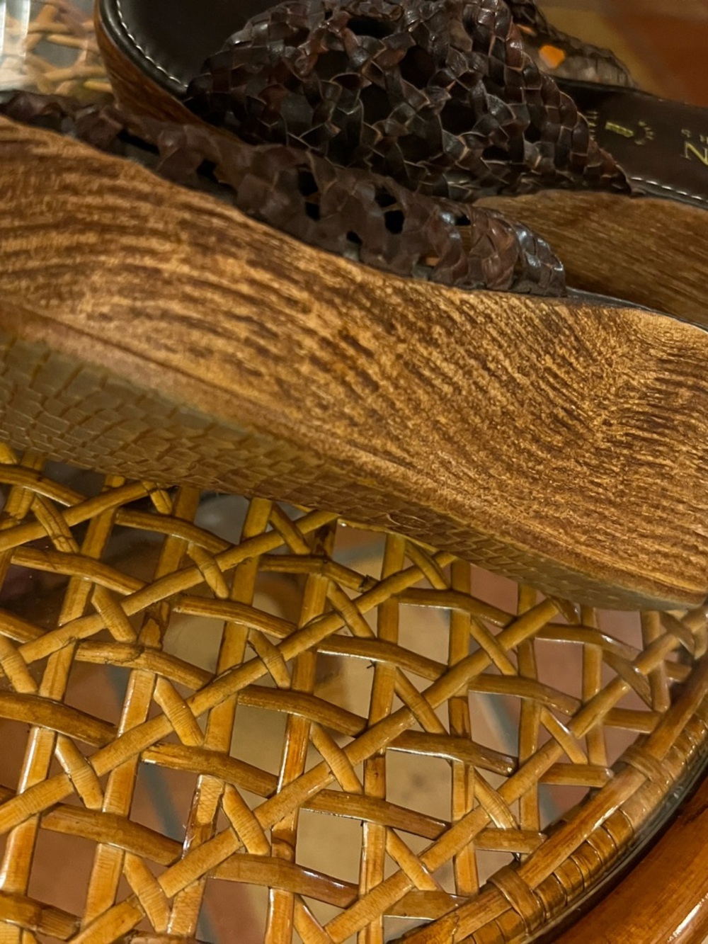 Italian Shoemakers Brown Woven Leather Wedge Sandals with Wood-Look Platform - Picture 3 of 4